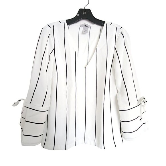 H&M V Neck Striped Black White 3/4 Sleeve Tie Wide Cuff Silky Smooth Blouse Sz 0 - Picture 11 of 11